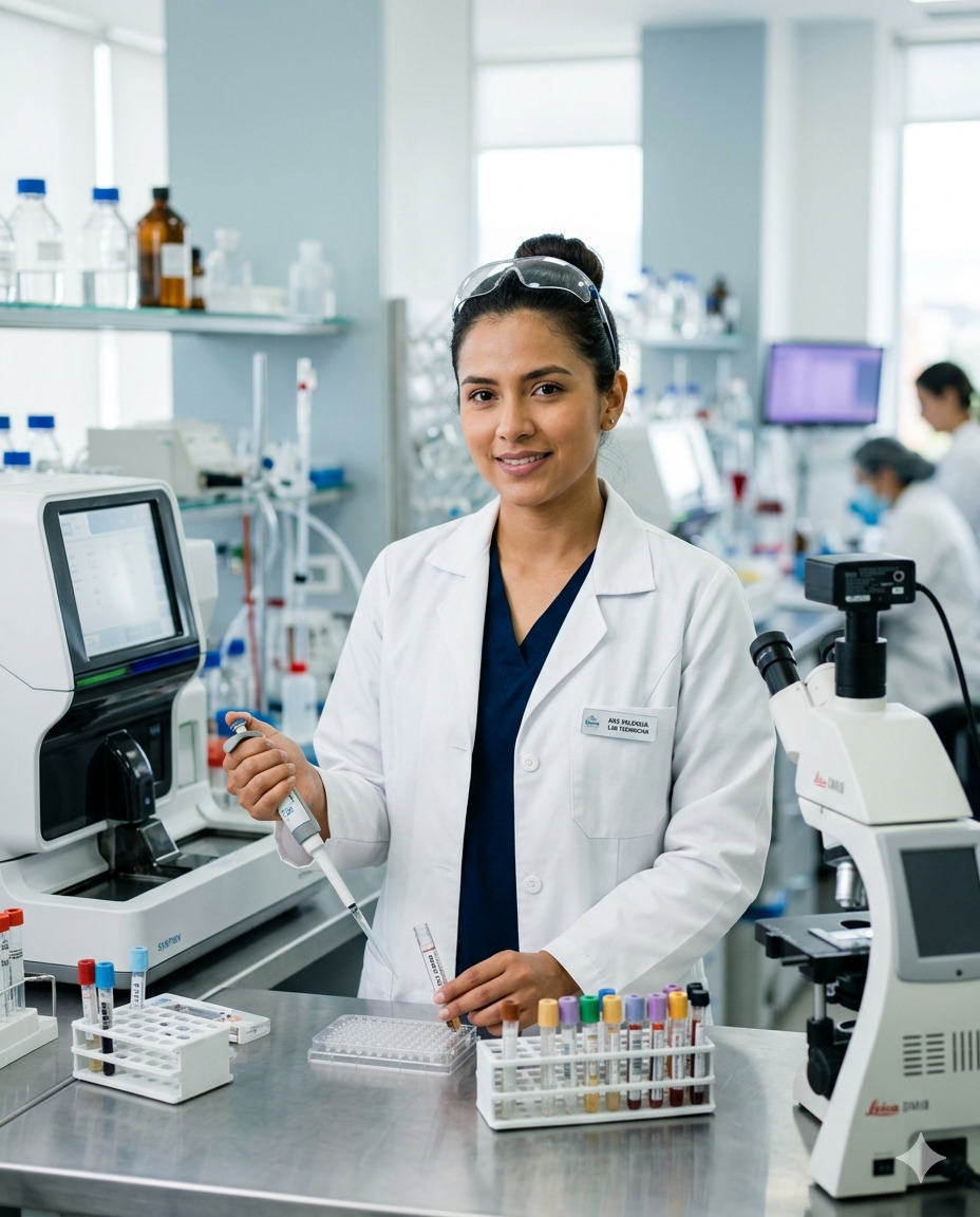 Profesional de laboratorio analizando muestras con tecnología de precisión en Laboratorio Carvajal, Boyacá