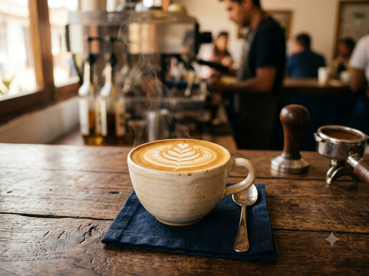 Latte art recién servido en taza de cerámica sobre barra de madera en Cob's Café