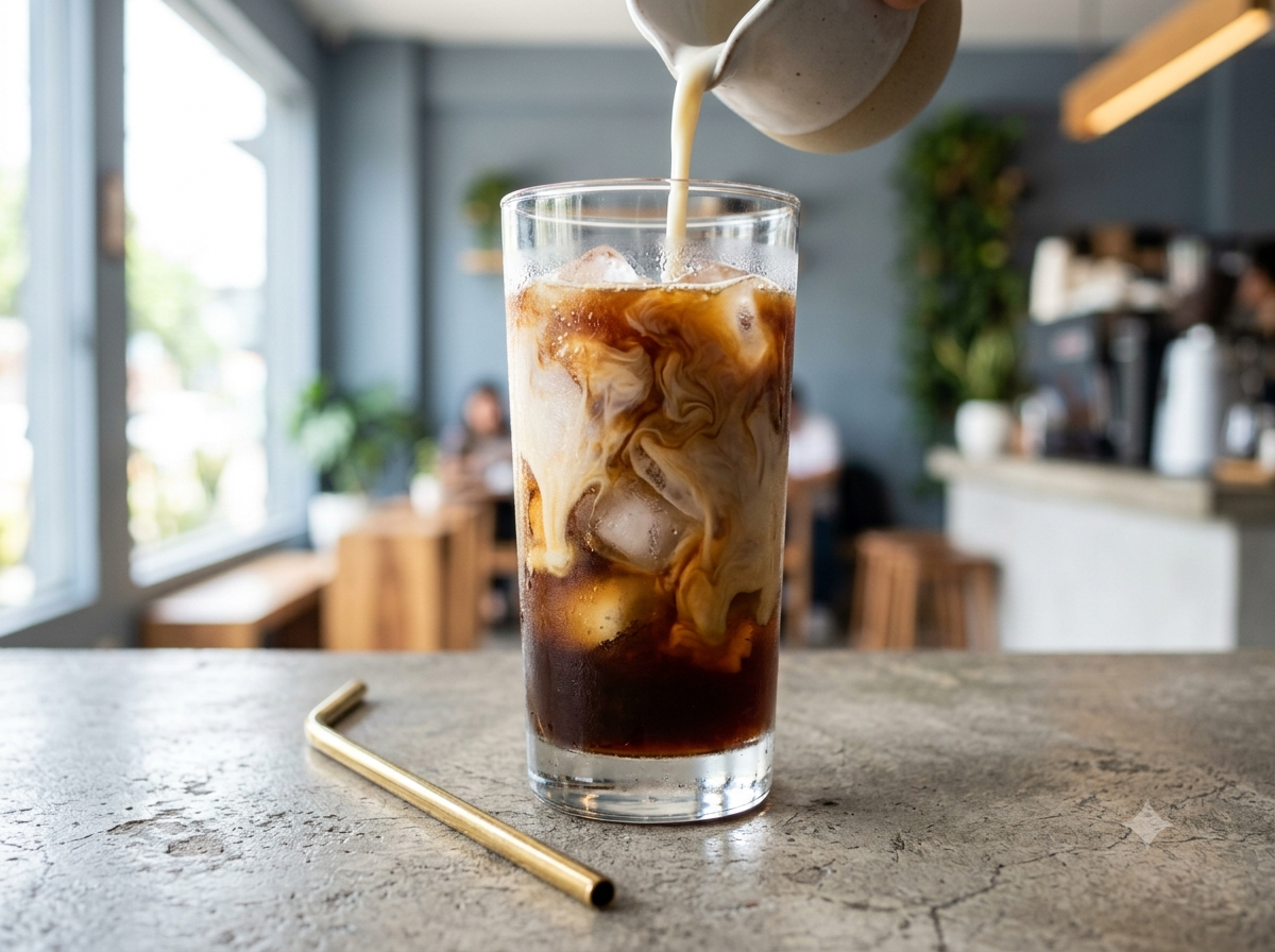 Vaso alto con café frío, hielo y leche flotando sobre el espresso en Cob's Café