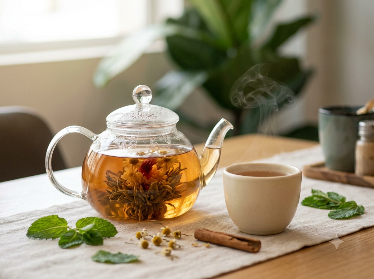Taza de té de hierbas con hojas frescas y tetera de vidrio en Cob's Café