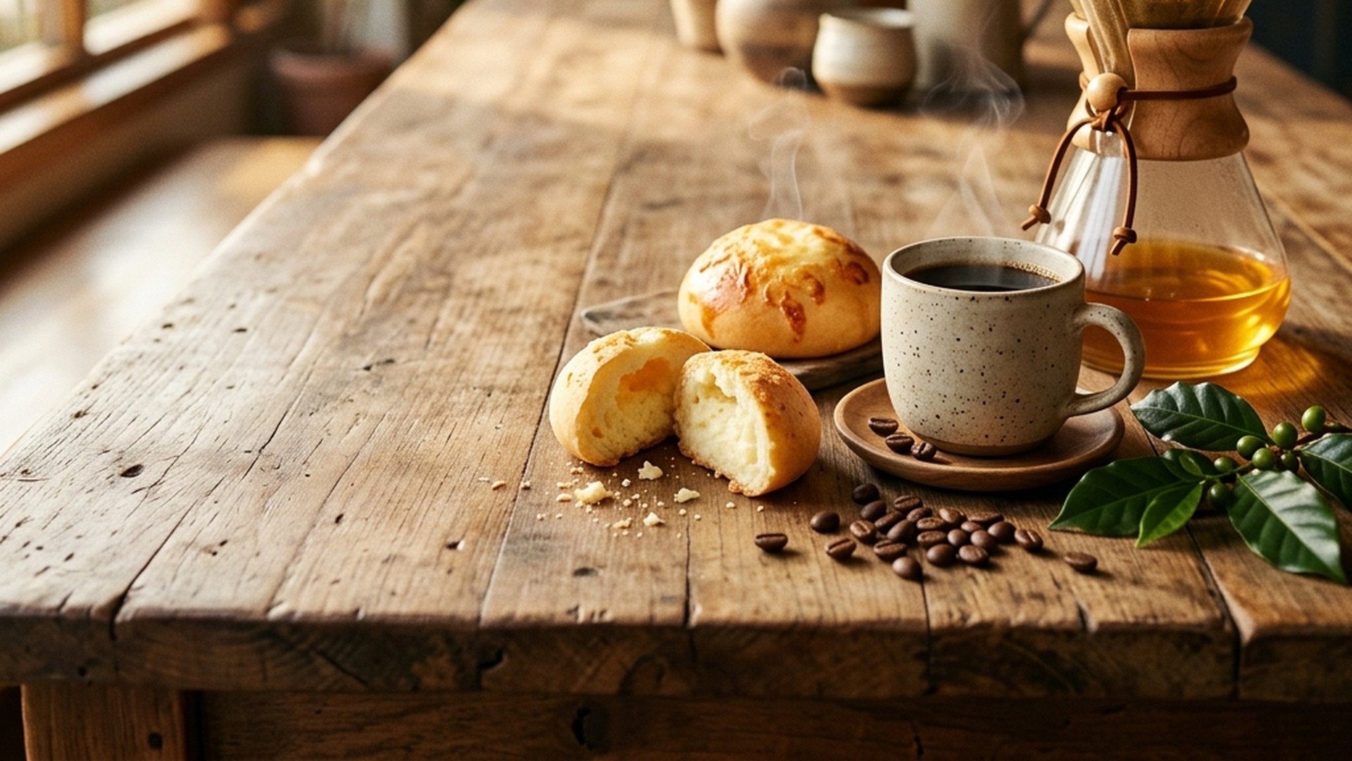 Pandebono recién horneado junto a una taza de café humeante sobre tabla de madera, ambiente cálido del local Cob's Café