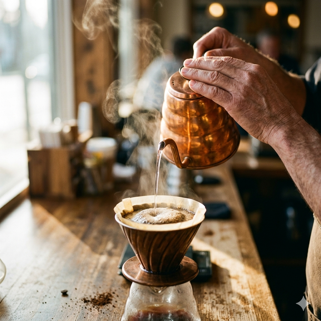 Barista preparando un V60 en Cob's Café