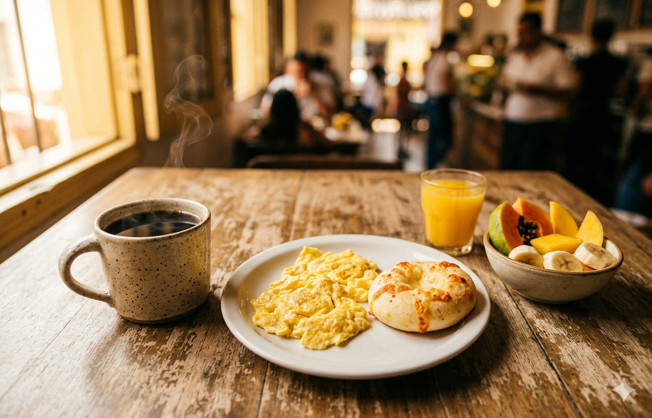 Desayuno ejecutivo Cob's Café con huevos, amasijos y café