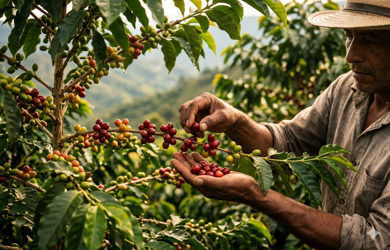 Granos de café colombiano de origen de fincas certificadas de Cundinamarca recién tostados