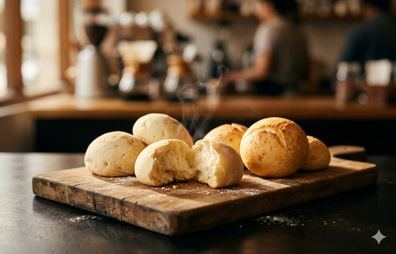 Pandebonos recién horneados sobre tabla de madera en la cocina de Cob's Café Usaquén